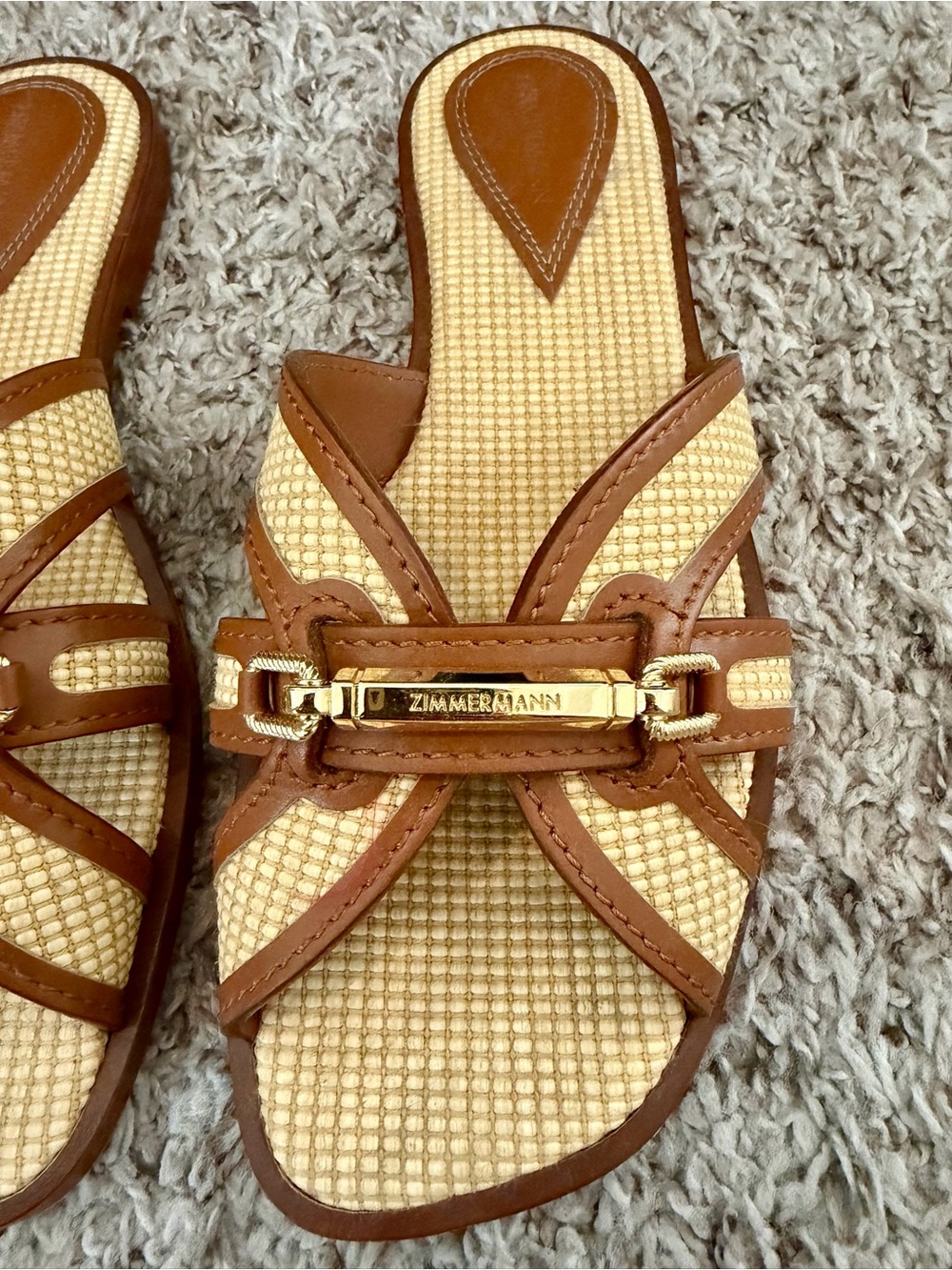 Zimmermann Prisma Raffia Leather Slide Sandals in Natural/Tan View 2